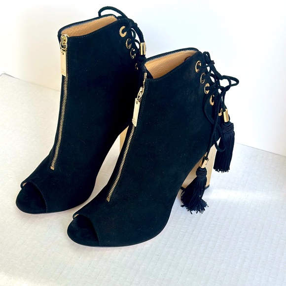 Elisabetta Franke (Made in Italy) Black Suede Lace-up Bootie with Gold Heel - Picture 2 of 6